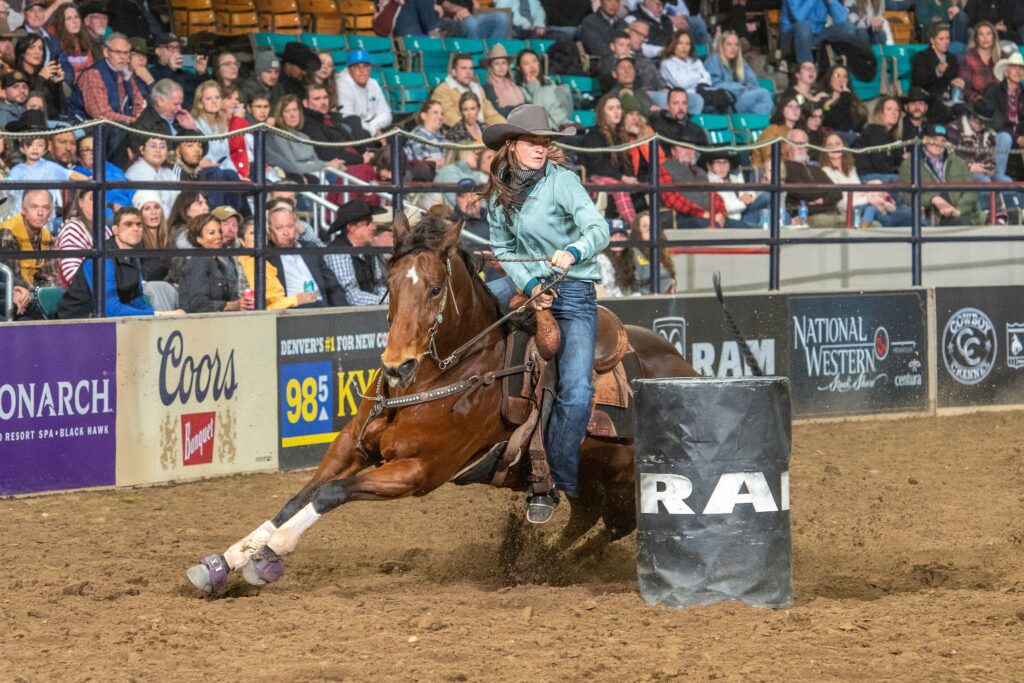 Darby Fox barrel racing at the National Western Stock Show and Rodeo in Denver.