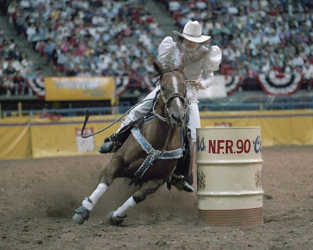 Martha Josey and her famous wedding dress barrel racing outfit.