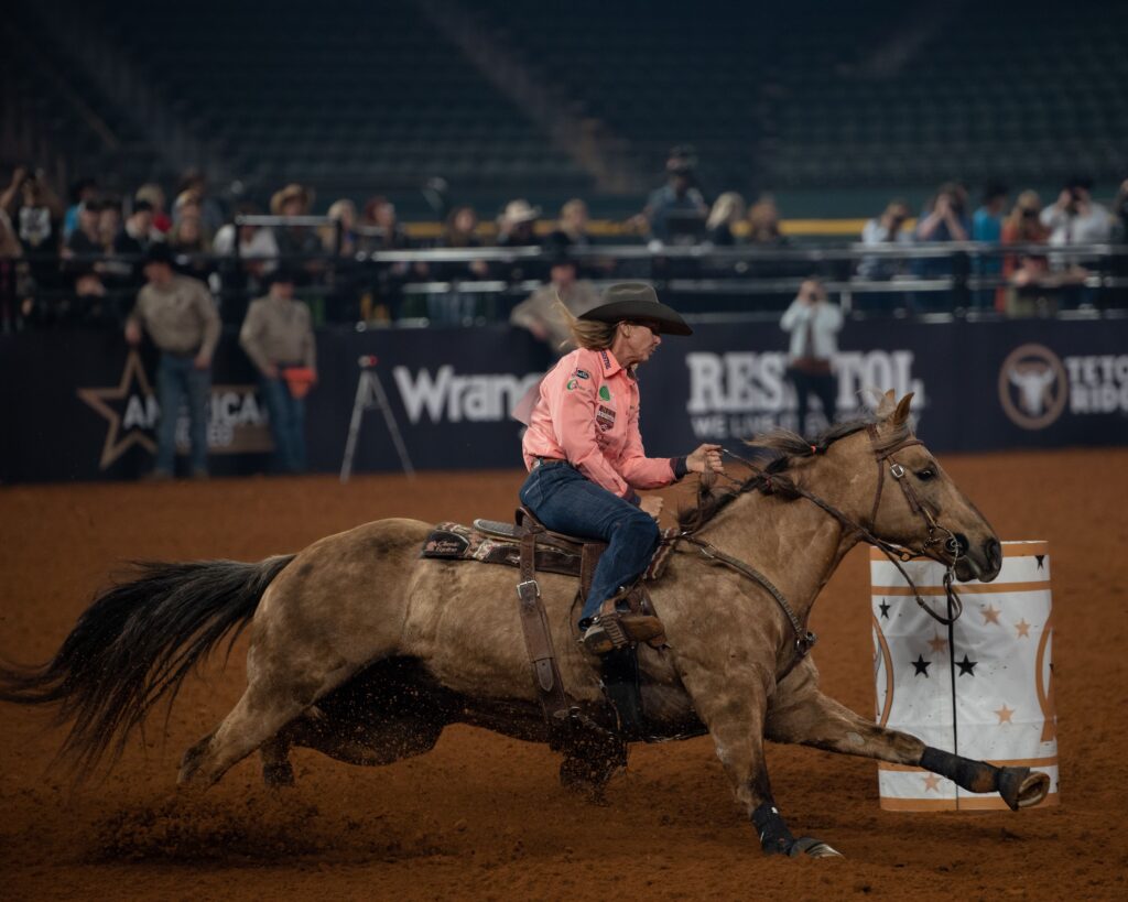 Sherry Cervi competes in barrel racing.