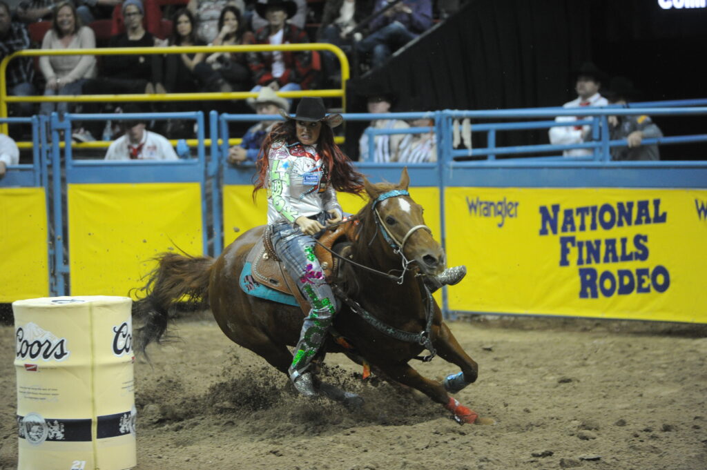 Fallon Taylor turns a barrel on BabyFlo at the National Finals Rodeo.