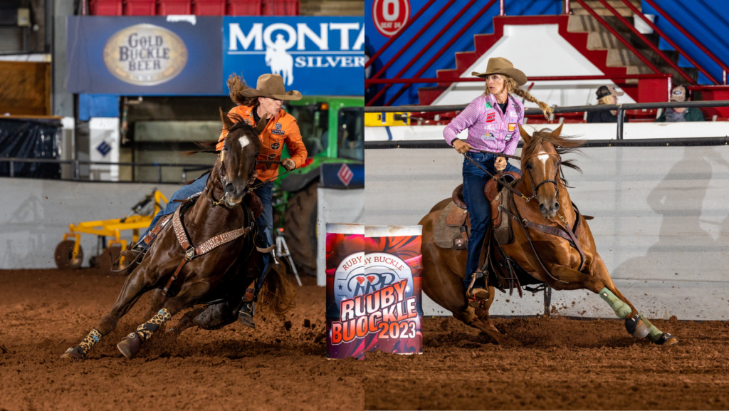 Brittany Tonozzi and Ashley Schafer compete in barrel racing.