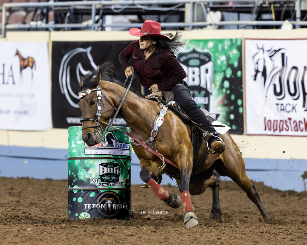 Gloria Leopard competes in barrel racing at the BBR world finals.