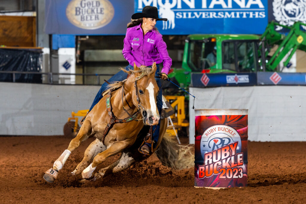 Kassie Mowry turns a barrel at the Ruby Buckle race.