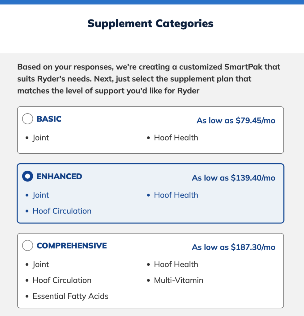 SmartPak's three supplement package options